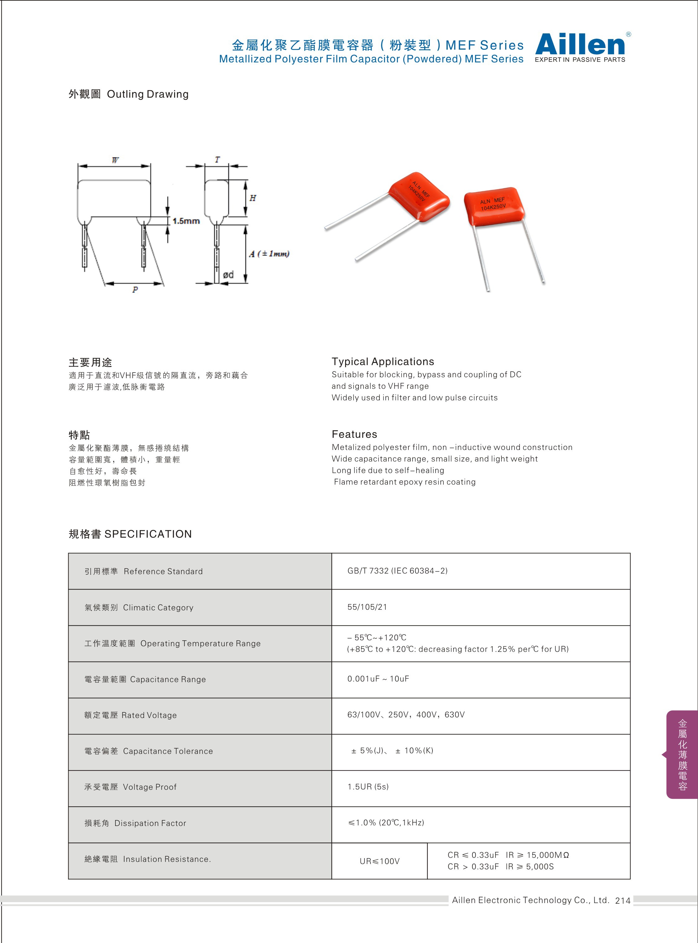 Metallized polyester film capacitor(Powdered) MEF series