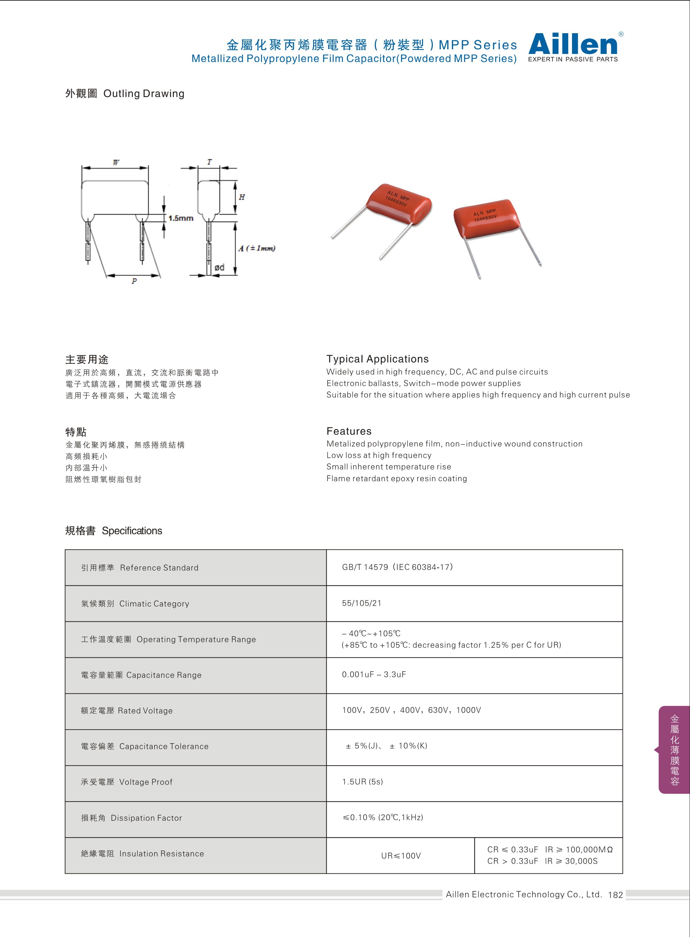 Metallized Polypropylene Film Capacitor(Powdered) MPP Series